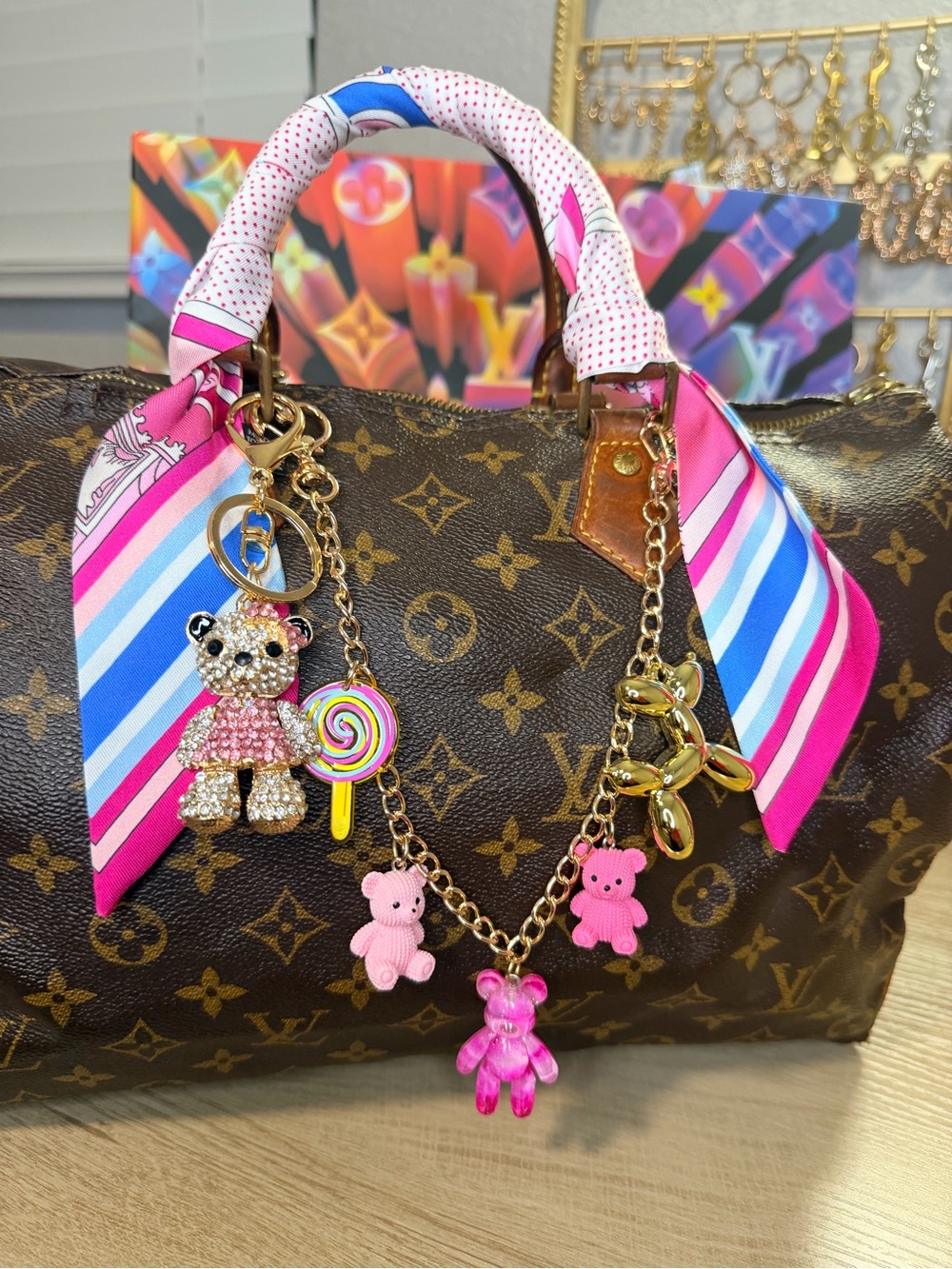 Pink and Blue Striped Scarf with Pink Teddy Charm and Teddy Bear bag Chain